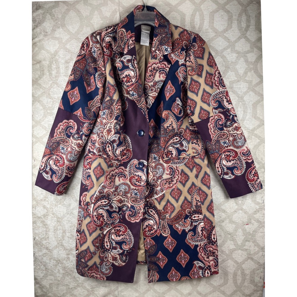 Chico's Paisley Print Women 0 S Purple Multi Excellent Longline Coat Polyester